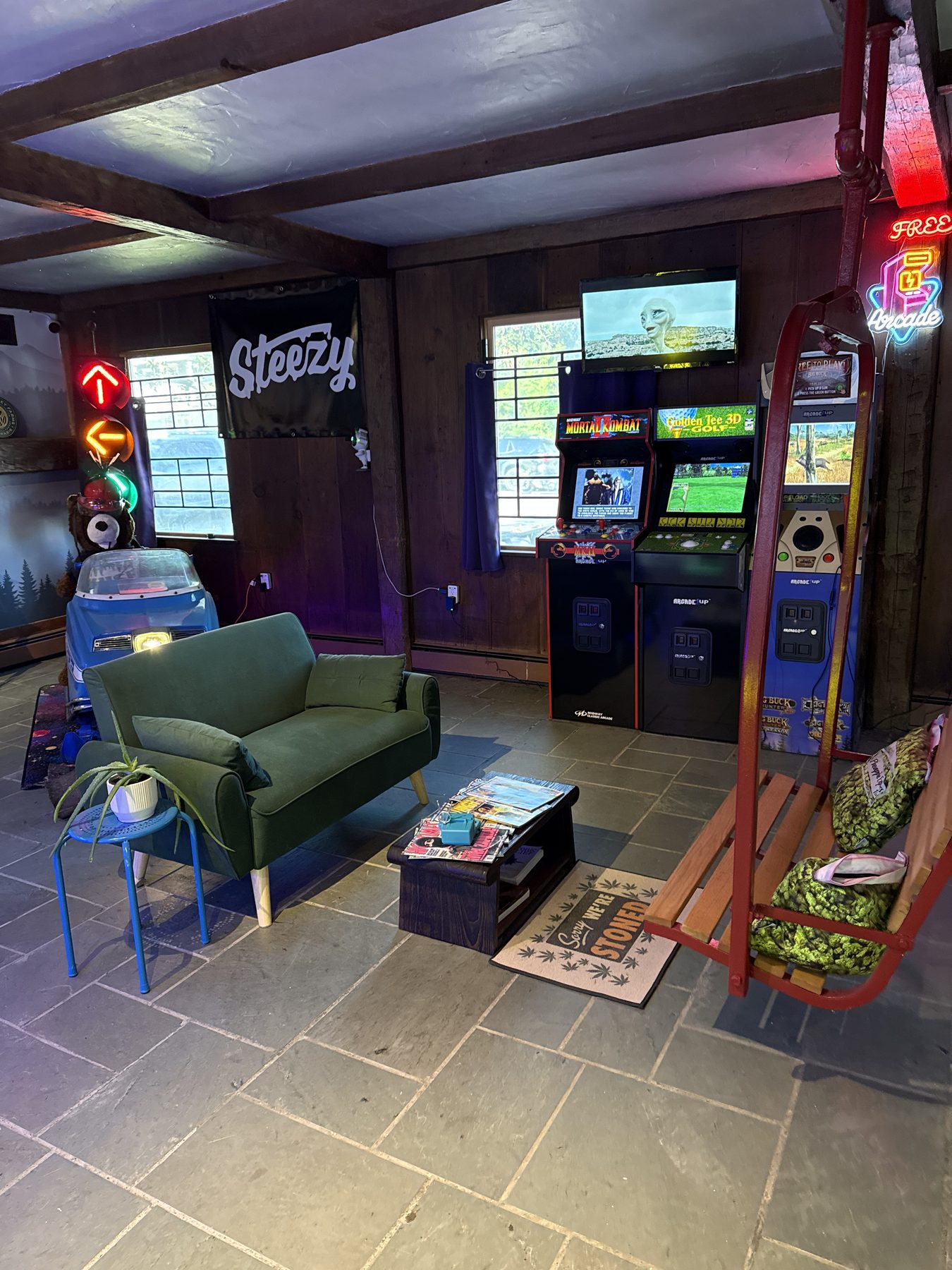 The lounge, ski-lift seat, and arcade at Notch Nugs
